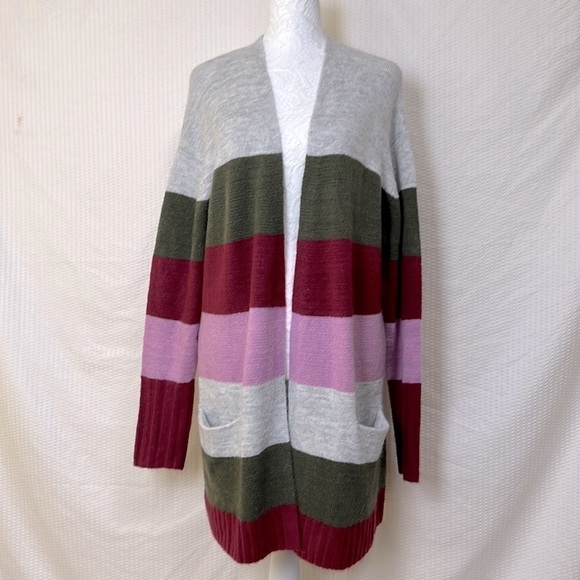 Caslon Open Front Pocket Gray w/ Green and Pink Stripe Cardigan Sweater - Size M - Picture 3 of 10